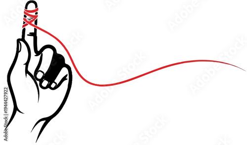 Hand with index finger tied with red thread extending outwards