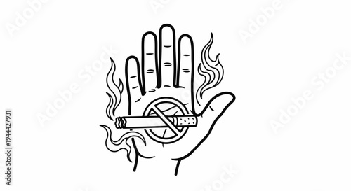Hand with stop sign over cigarette and flames on white background
