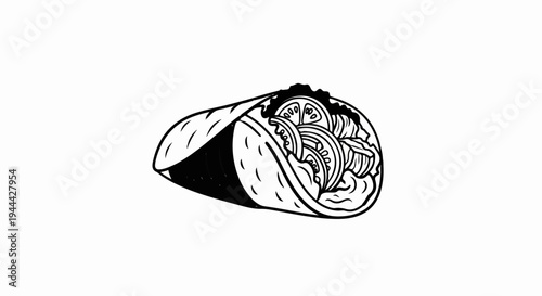 Hand-drawn black and white illustration of a delicious wrap with fresh ingredients