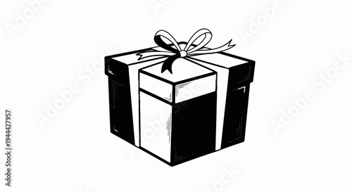 Hand-drawn black and white image of a gift box with a ribbon and bow