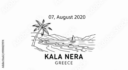 Hand-drawn black and white seaside scene with a palm tree, sailboat, and mountains