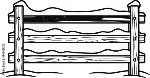 Hand-drawn illustration of a wooden fence covered with snow