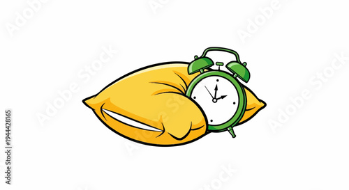 Green alarm clock rests on a plush yellow pillow