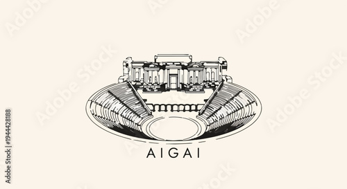 Line art of an ancient amphitheater with classical building facade