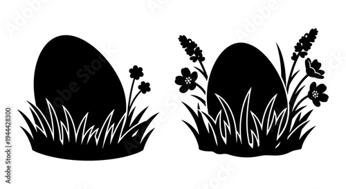Two stylized eggs nestled in grass with simple floral decorations beside them Vector, illustration