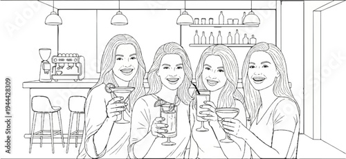 Four smiling women holding cocktails in a bar setting with a coffee machine