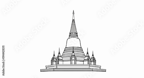 Line art of a large, multi-tiered stupa with radiating spires