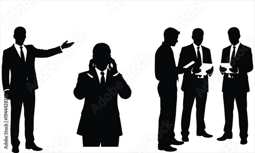 Silhouettes of business people in various professional poses isolated on white background