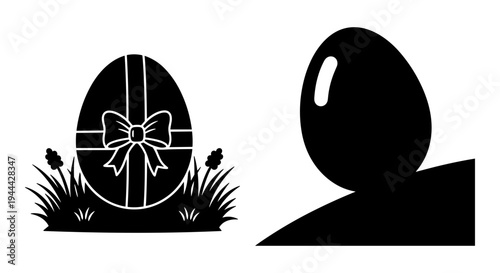 Easter egg with bow and silhouette of a person rolling an egg down a hill Vector, illustration