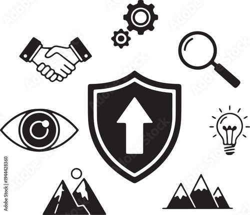 Symbols representing collaboration, security, innovation, and growth in business context