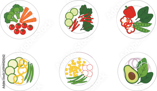 Flat vector illustration set of healthy vegetable plates including broccoli carrots tomatoes spinach avocado cucumber and corn isolated on white background for vegan diet nutrition and meal planning.