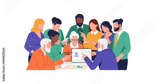 Diverse Business Team Collaborating in a Meeting, Discussing Ideas Around a Tablet - Vector Illustration of Inclusive Workplace Strategy