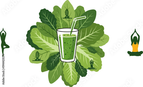 Green smoothie surrounded by leafy greens with yoga silhouettes