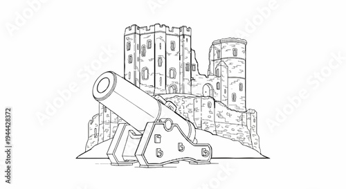 Line art of an old cannon pointing toward a crumbling stone castle on a hill