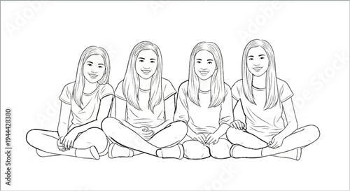 Four smiling young women are sketched sitting cross-legged in a row