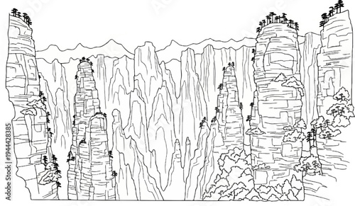 Jagged, towering stone pillars rise from mist-filled ravines, topped with sparse trees