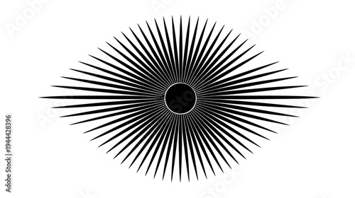 A symmetrical black and white design featuring a central circle with radiating lines