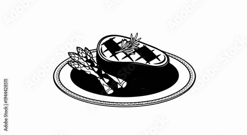 Grilling food, steak, asparagus, herbs on a plate