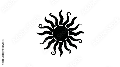 A stylized sun, rendered in black silhouette against a stark white backdrop