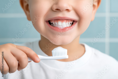 Close up of child smiling with foam on teeth while holding toothbrush with toothpaste, promoting dental hygiene and healthy habits in bright bathroom setting