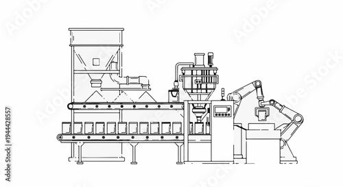 Industrial automated packaging line with conveyor, filling machine, and robotic arm