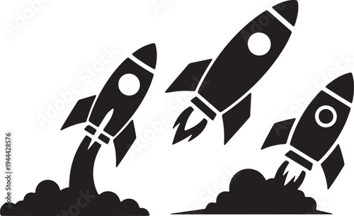 Three rockets launching into space with fiery trails and smoke clouds beneath them