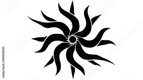 Black and white abstract floral design featuring radiating curved shapes and spiky elements