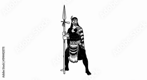 Fierce warrior in traditional attire, holding a spear