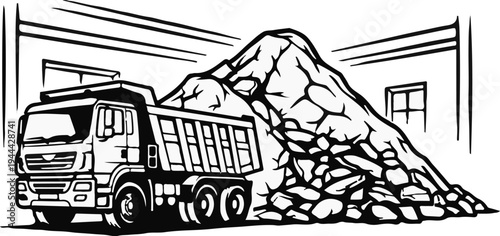 Heavy truck with a large pile of rocks, possibly at a construction site
