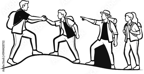 Group of hikers helping each other ascend a rocky trail