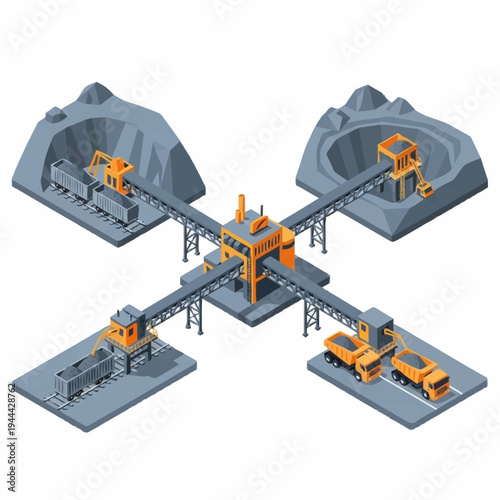 Isometric mining and quarrying industry with ore processing plant and transport.