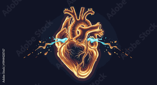 Glowing orange heart with electric blue sparks illustration