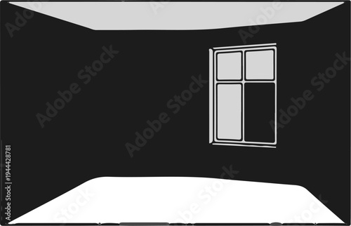 Interior view of a dark room with a light-colored window frame and panes