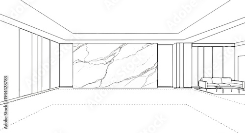 Interior sketch of a spacious room with marble accent wall and modern sofa