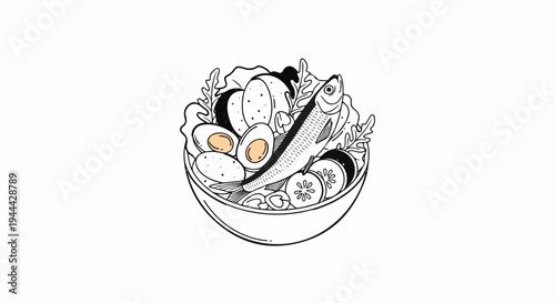 Fresh salad in bowl with fish and eggs