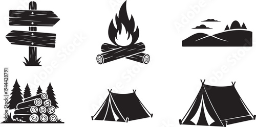 Camping icons and symbols for outdoor adventure travel