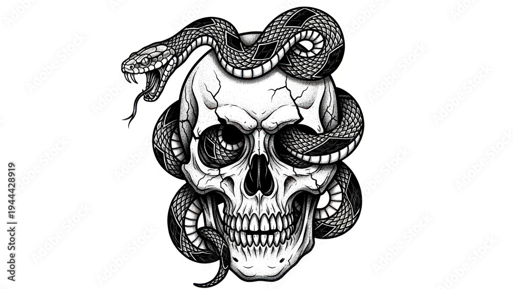Fototapeta premium Snake wrapped around skull head.