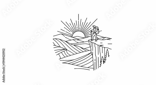 Hiker on cliff edge at sunrise overlooking rolling hills and trees