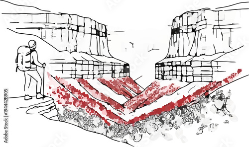 Hiker observes vast canyon with red strata and rocky terrain