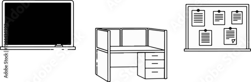 Laptop, office cubicle desk with drawers, and bulletin board with papers