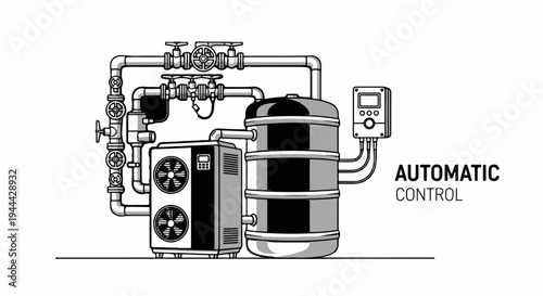Industrial equipment with pipes, fans, tank, and control panel