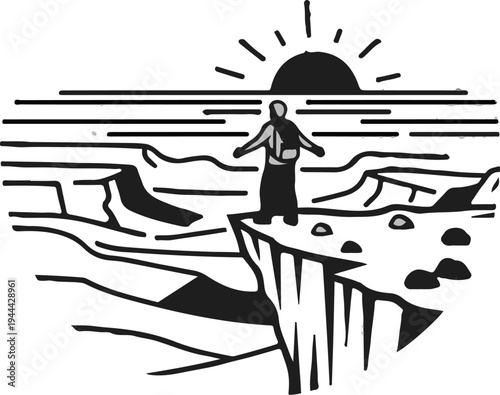 Hiker on cliff edge watches sunrise over layered horizon