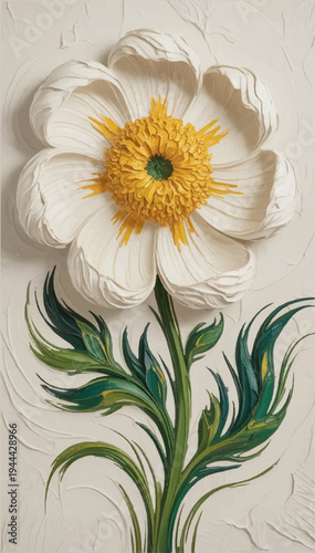 Tableau sur toile An impasto vector illustration depicting a single radiant white flower with a bright yellow center on a soft textured cream background_02