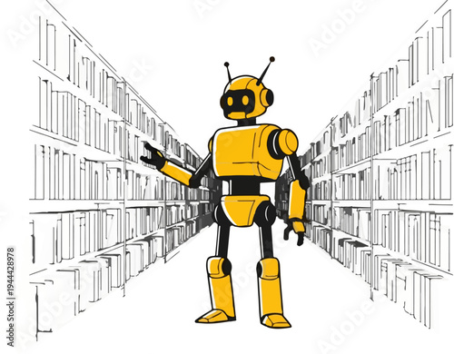 Friendly robot amidst endless shelves of books in a library aisle