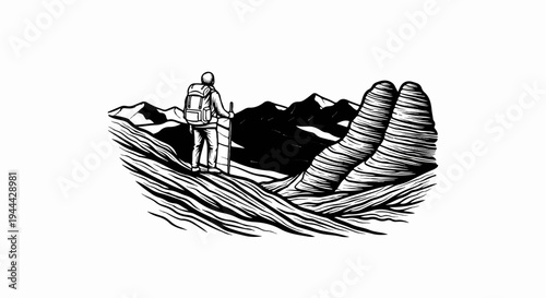 Hiker with backpack and poles observes mountain landscape with rock formations