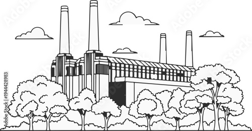 Industrial factory with four tall chimneys amidst lush trees and clouds