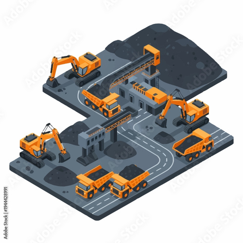 Isometric mining operation with heavy machinery and conveyor system.