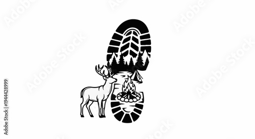 Hiking boot imprint forms a woodland scene with deer, campfire, and tent