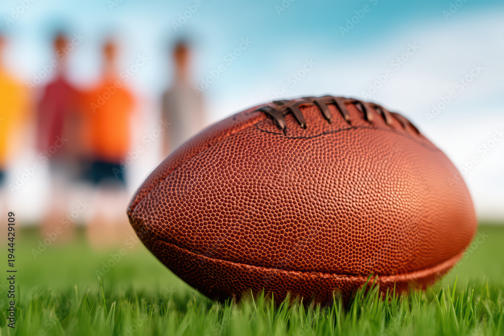 Obraz premium American football football sports ball leather texture close up grass field outdoor game sport equipment team sport blurred background athletic recreation competition brown laces textured surface