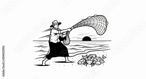 Fisherman casting net on beach at sunset with catch of fish and crab